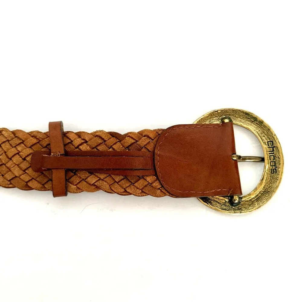 Chico's Macarthy Brown Woven Leather Belt Oversized Brass Buckle 45